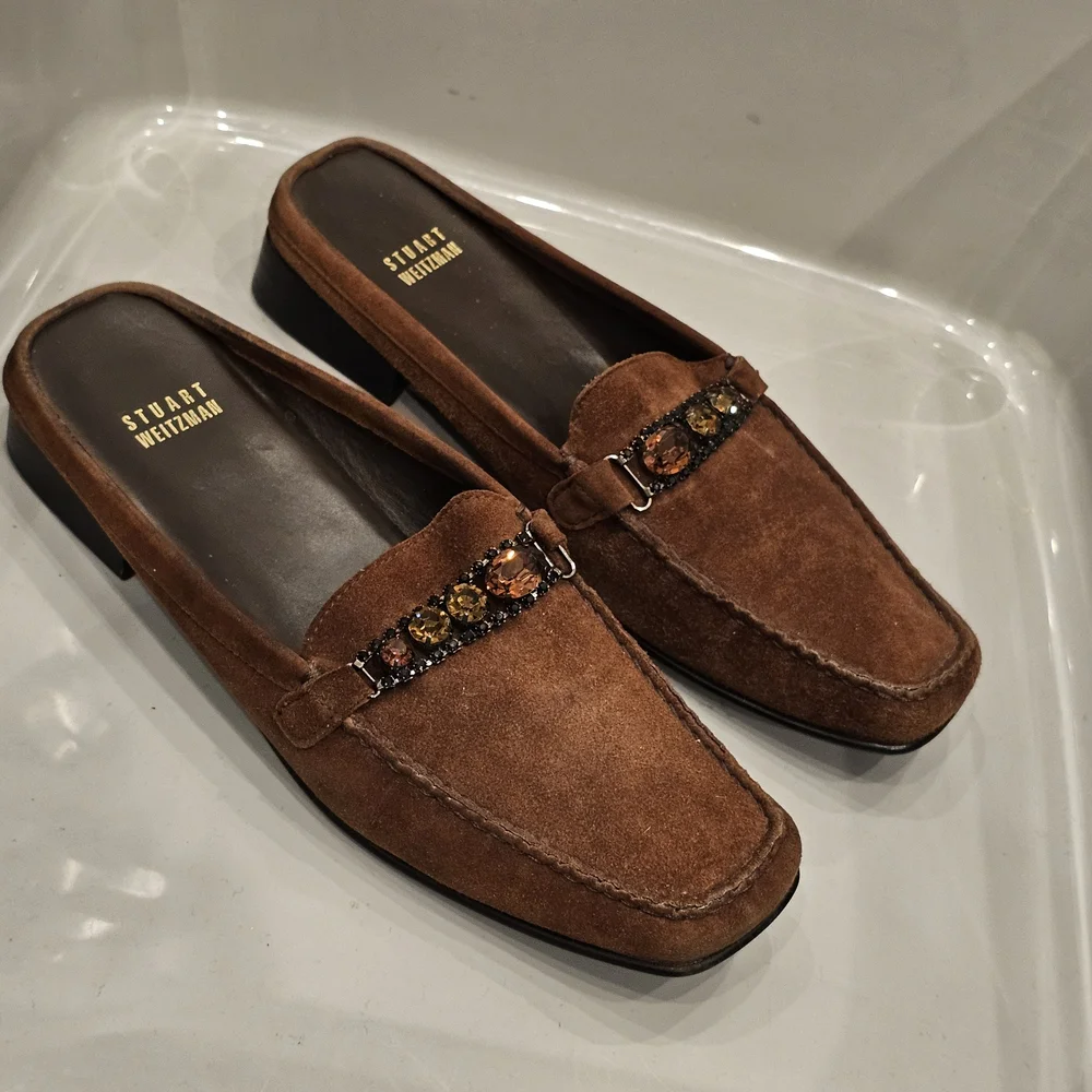 [LIKE NEW] Stuart Weitzman Brown Suede Rhinestone Jeweled Mules Loafers Sz 8.5